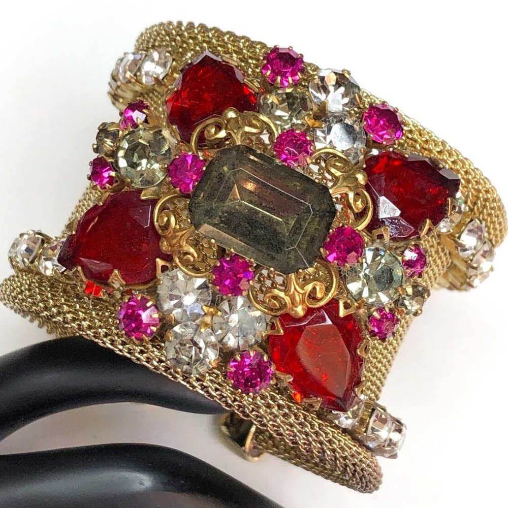 Vintage Juliana Style Gold Tone Mesh Multi Color Rhinestone Cuff Bracelet